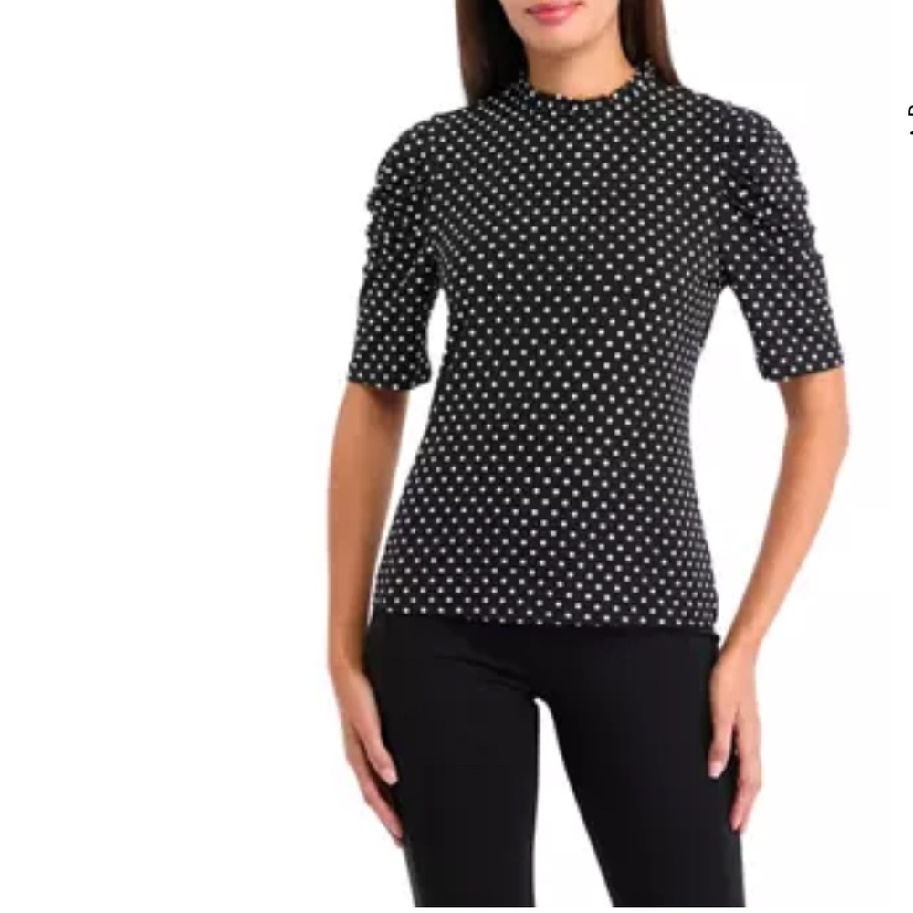 CeCe Black and White Polka Dot Top With Elbow Ruched Sleeves